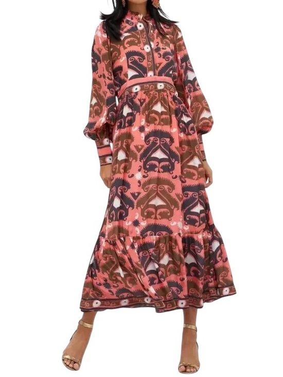 Oliphant Dresses & Skirts - Oliphant Uzbek Coral Printed Shirt Waist Maxi Dress - L